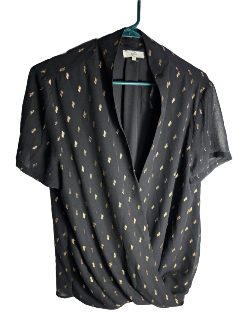 Women's Entro Black and Gold Metallic Print Wrap Blouse Size L officewear preppy